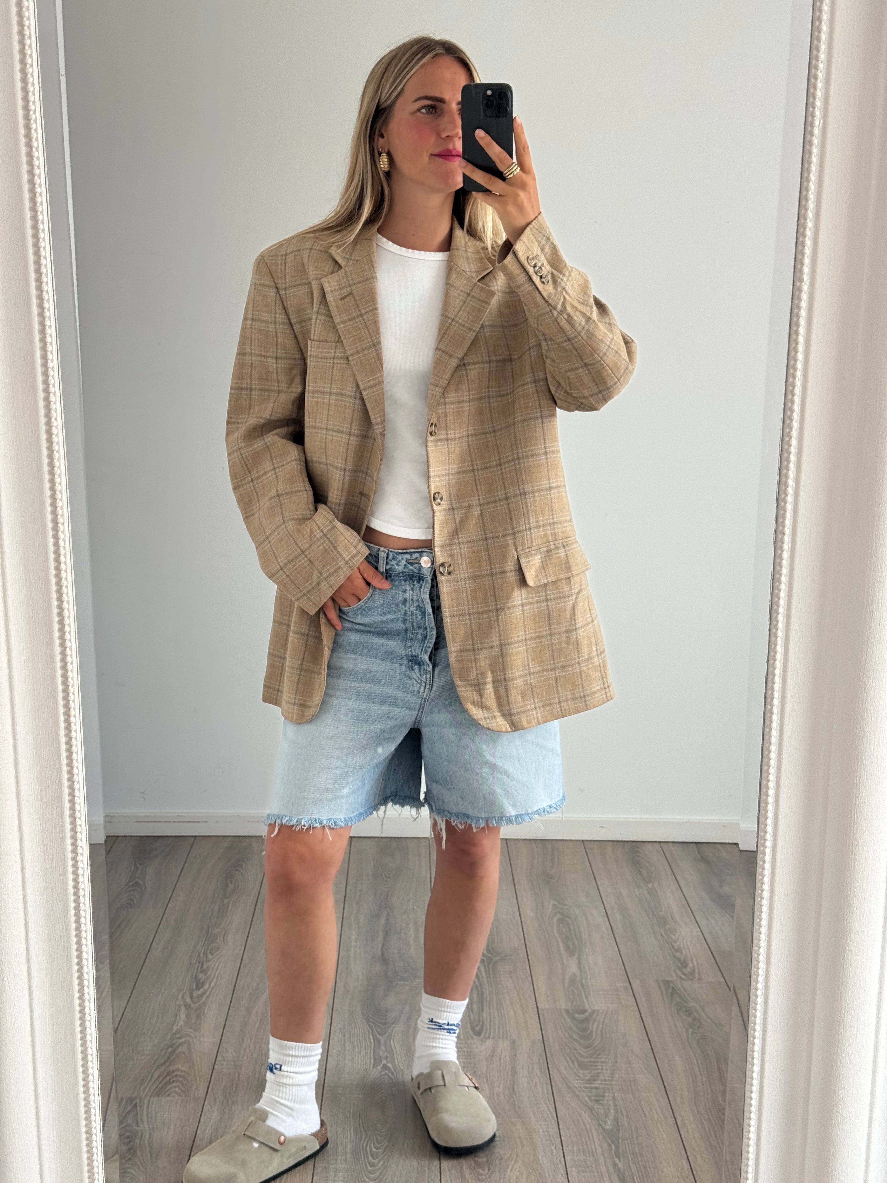 Vintage Beige Oversized Checked Blazer