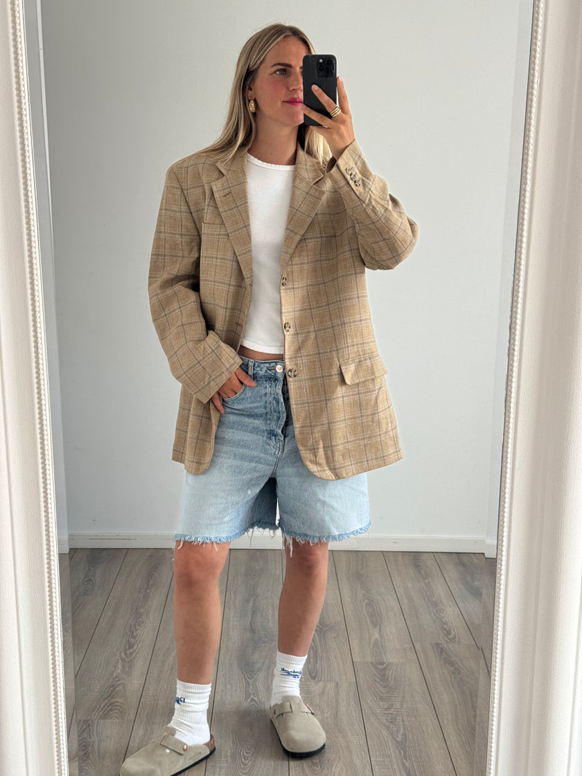 Vintage Beige Oversized Checked Blazer
