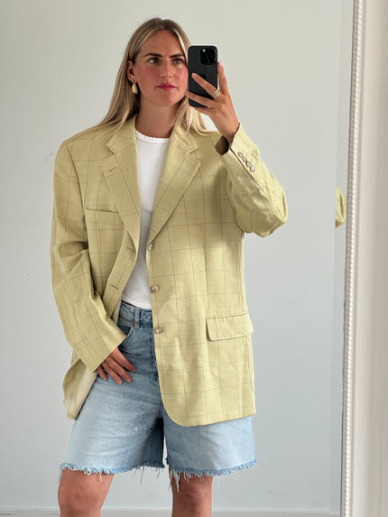 Soft Yellow/Beige Checked Oversized Blazer