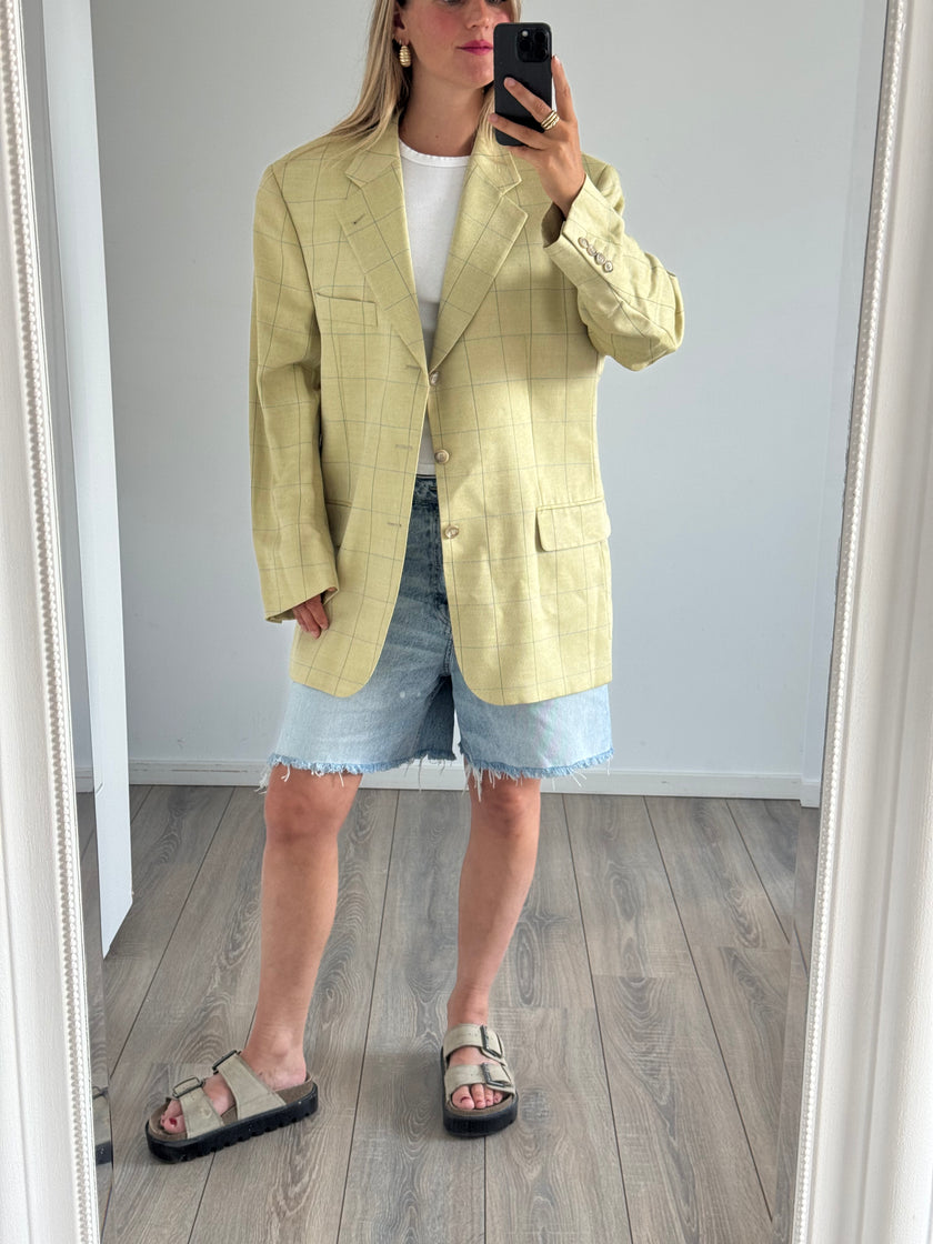 Soft Yellow/Beige Checked Oversized Blazer