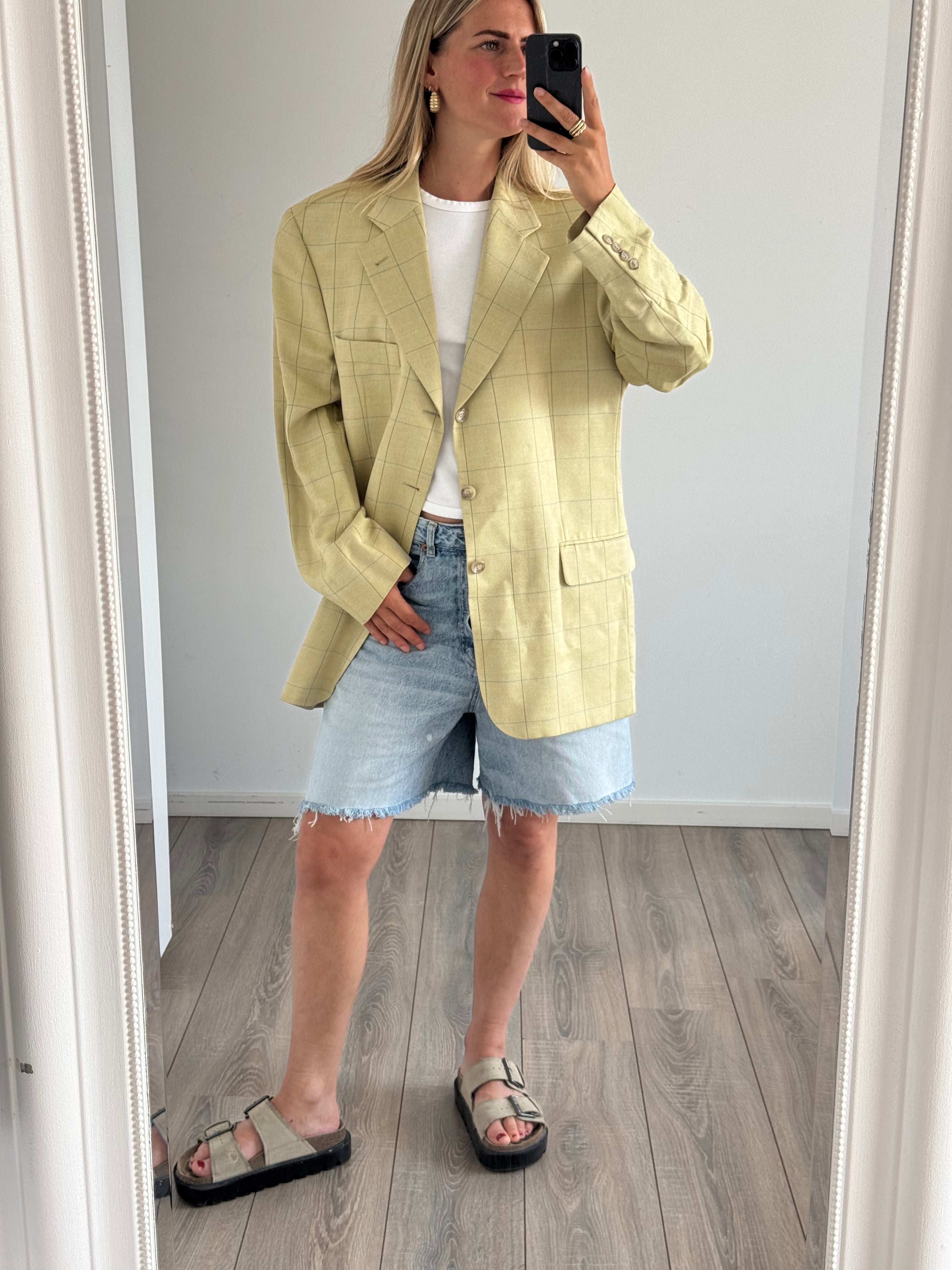 Soft Yellow/Beige Checked Oversized Blazer