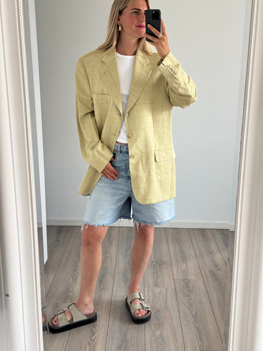 Soft Yellow/Beige Checked Oversized Blazer