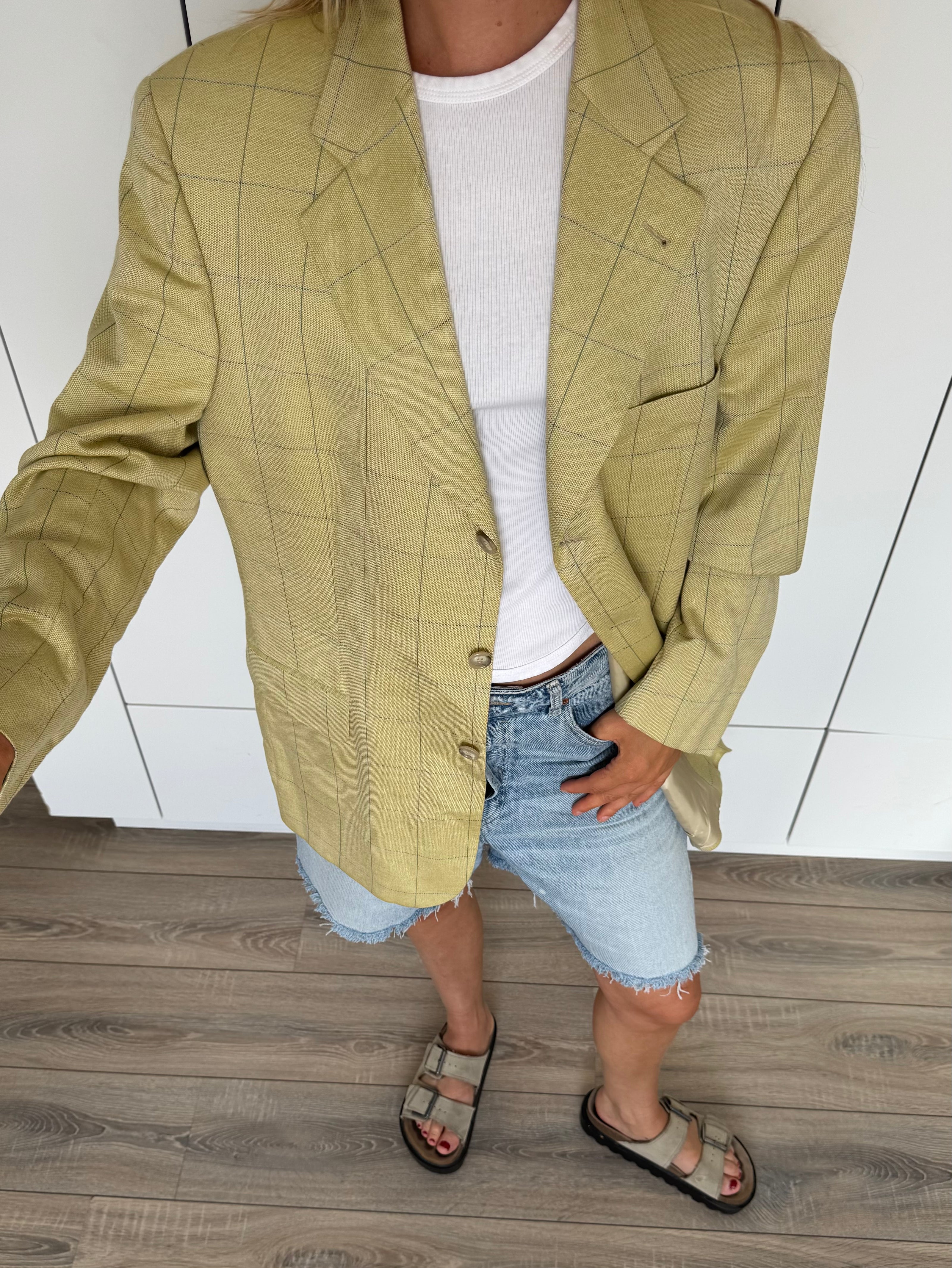 Soft Yellow/Beige Checked Oversized Blazer
