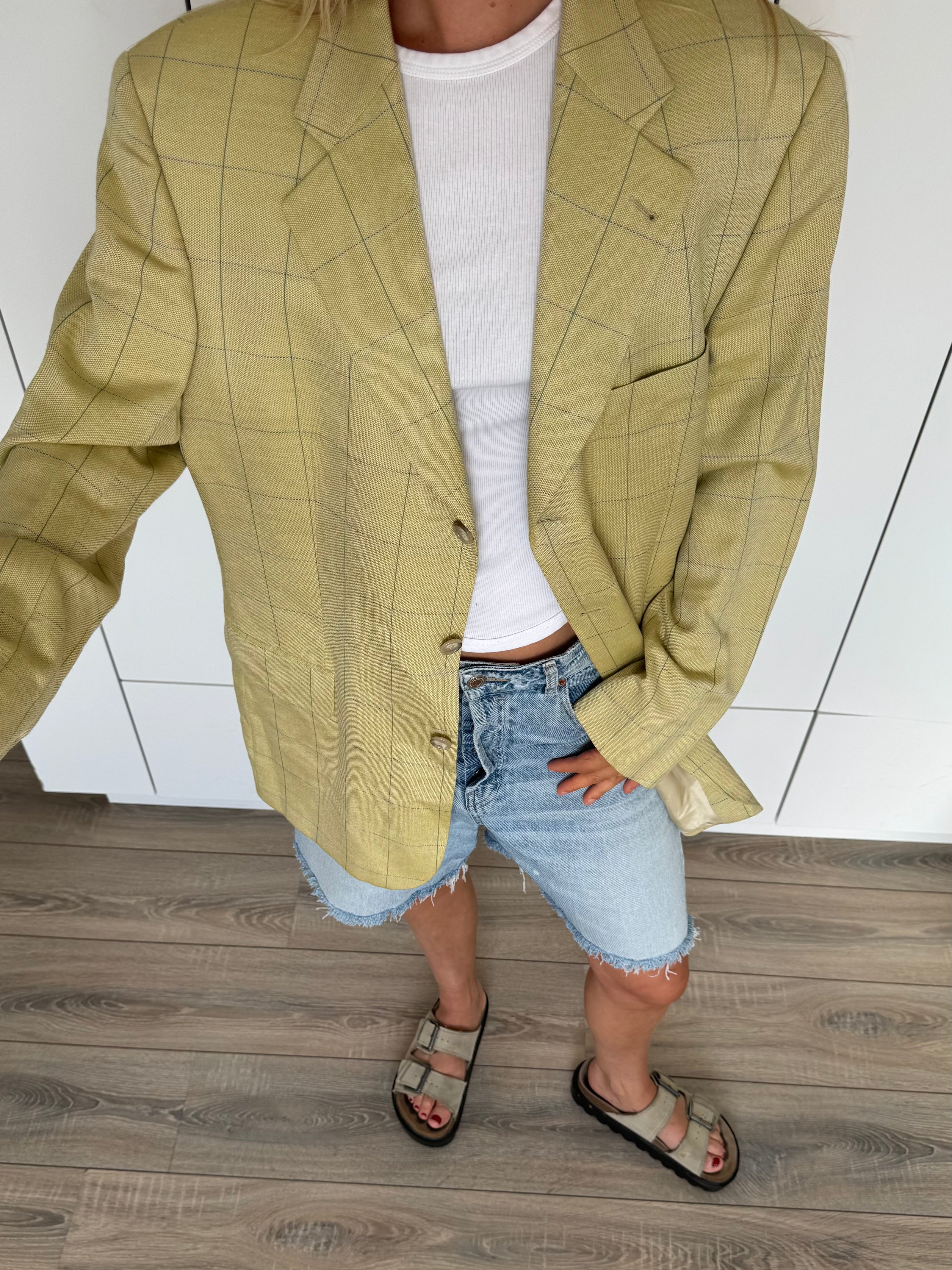 Soft Yellow/Beige Checked Oversized Blazer