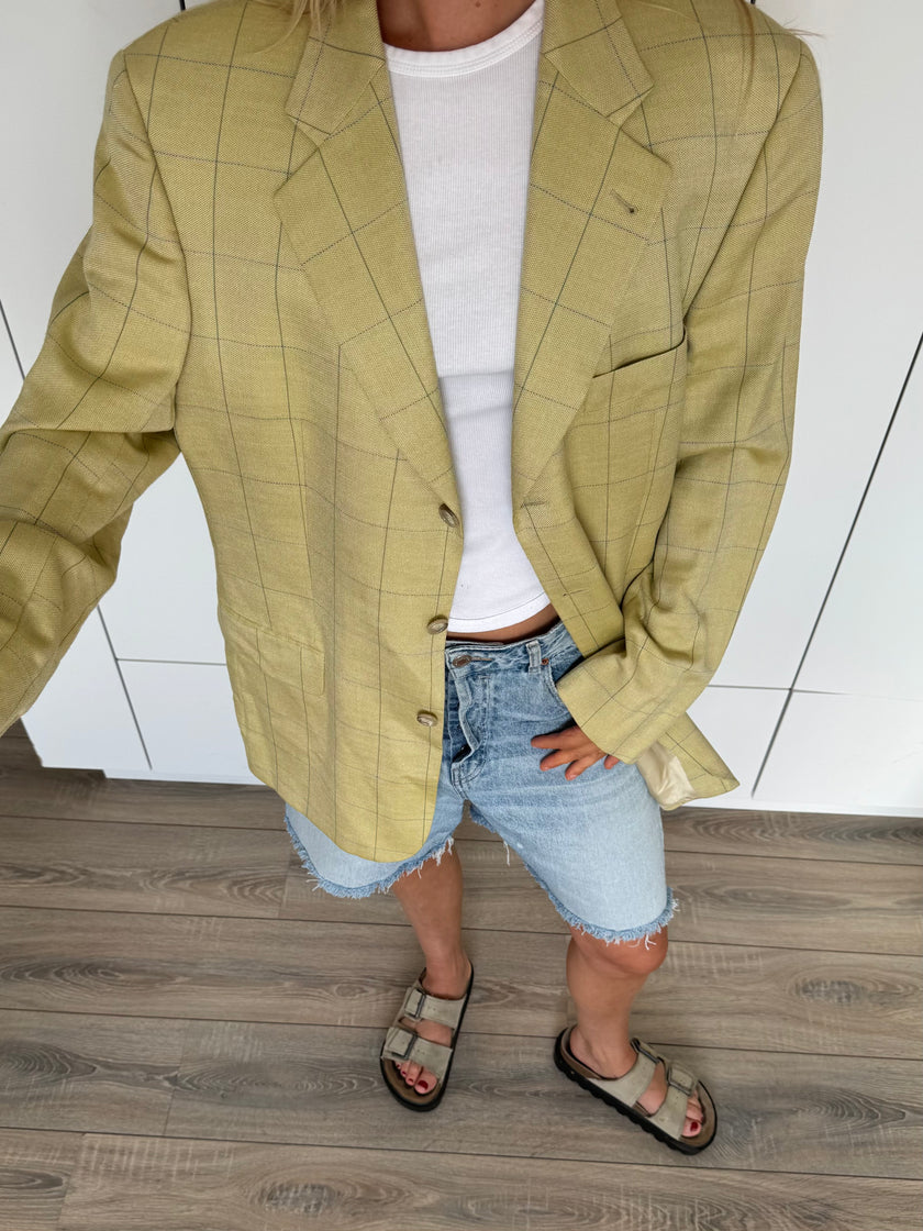 Soft Yellow/Beige Checked Oversized Blazer