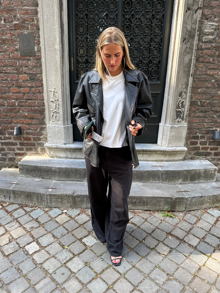 Oversized Black Leather Biker Jacket