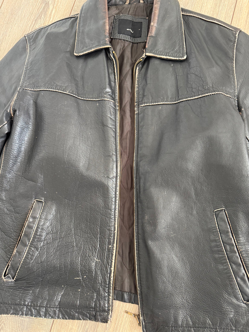 Black Worn Oversized Leather Jacket