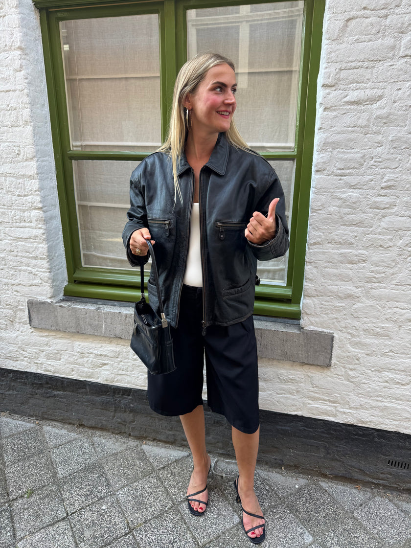 Oversized Black Leather Worn Jacket