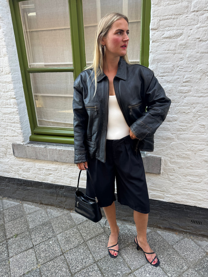 Oversized Black Leather Worn Jacket