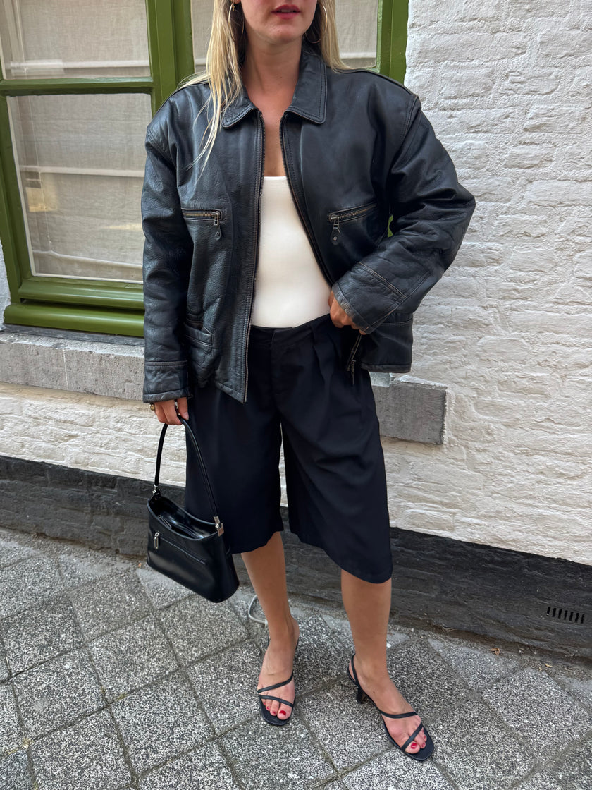 Oversized Black Leather Worn Jacket