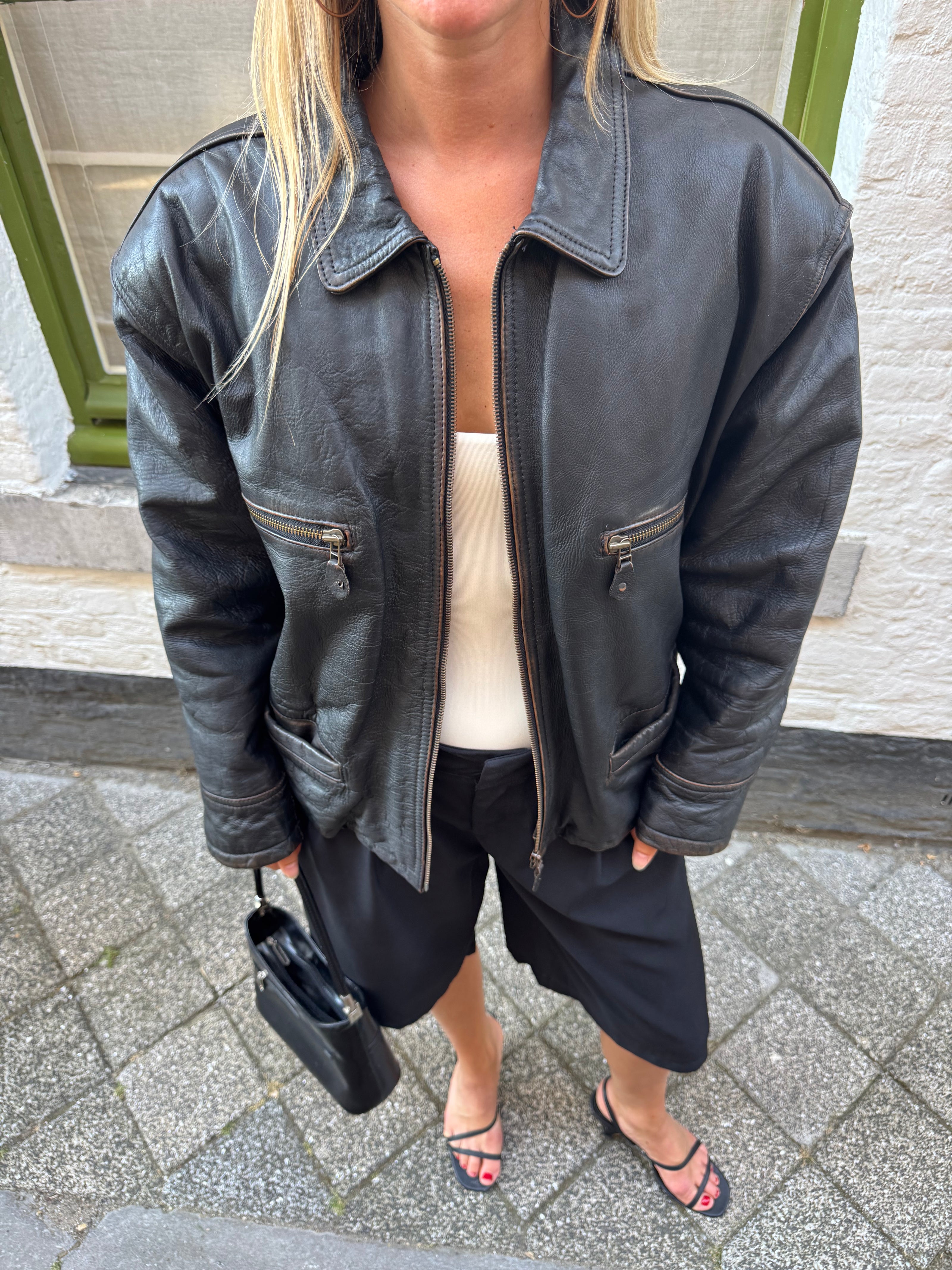 Oversized Black Leather Worn Jacket