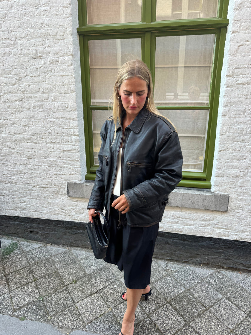 Oversized Black Leather Worn Jacket