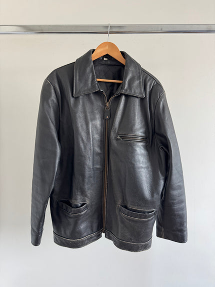 Oversized Long Black Leather Vintage Jacket
