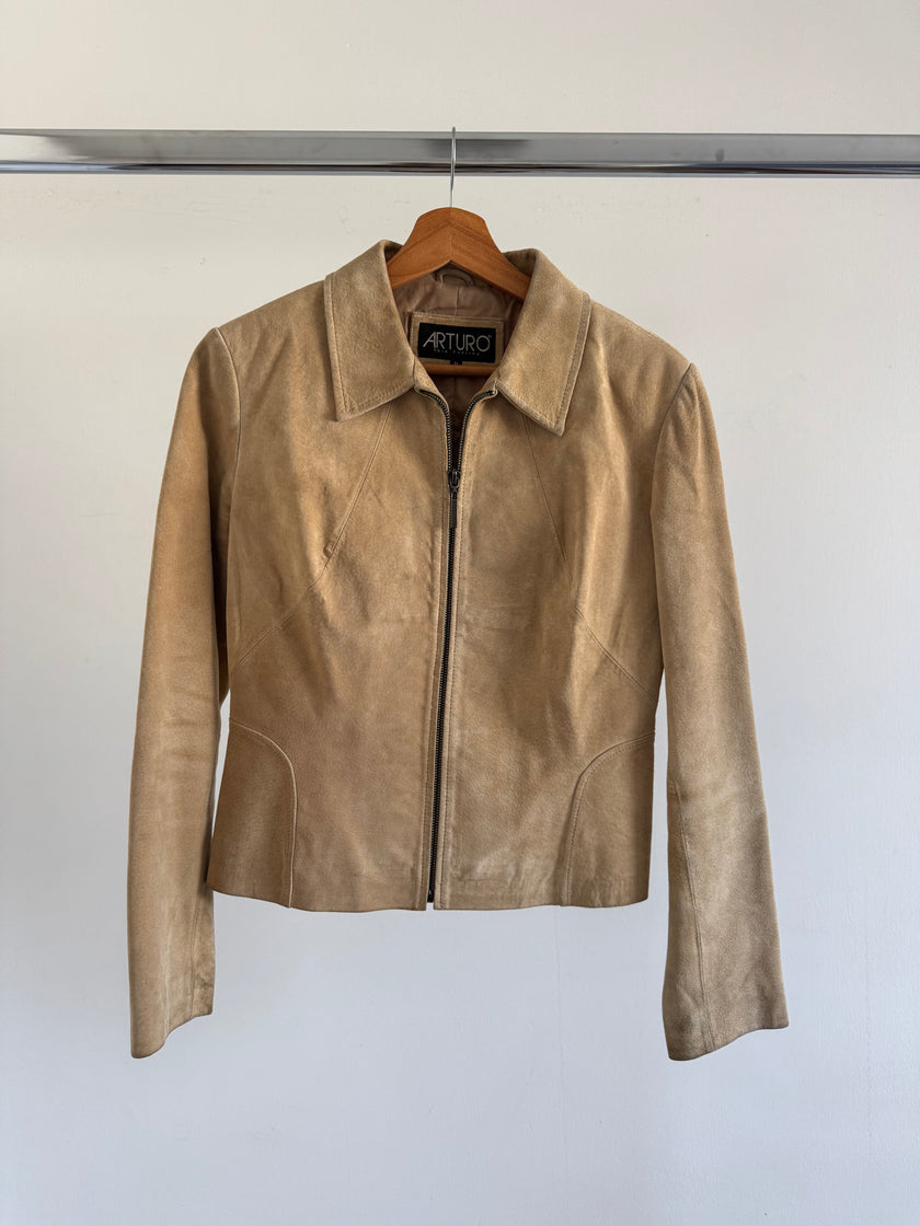 Fitted Short Beige Suede Vintage Jacket