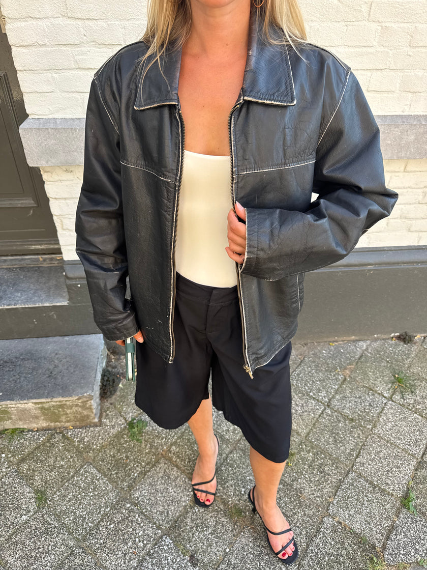 Black Worn Oversized Leather Jacket
