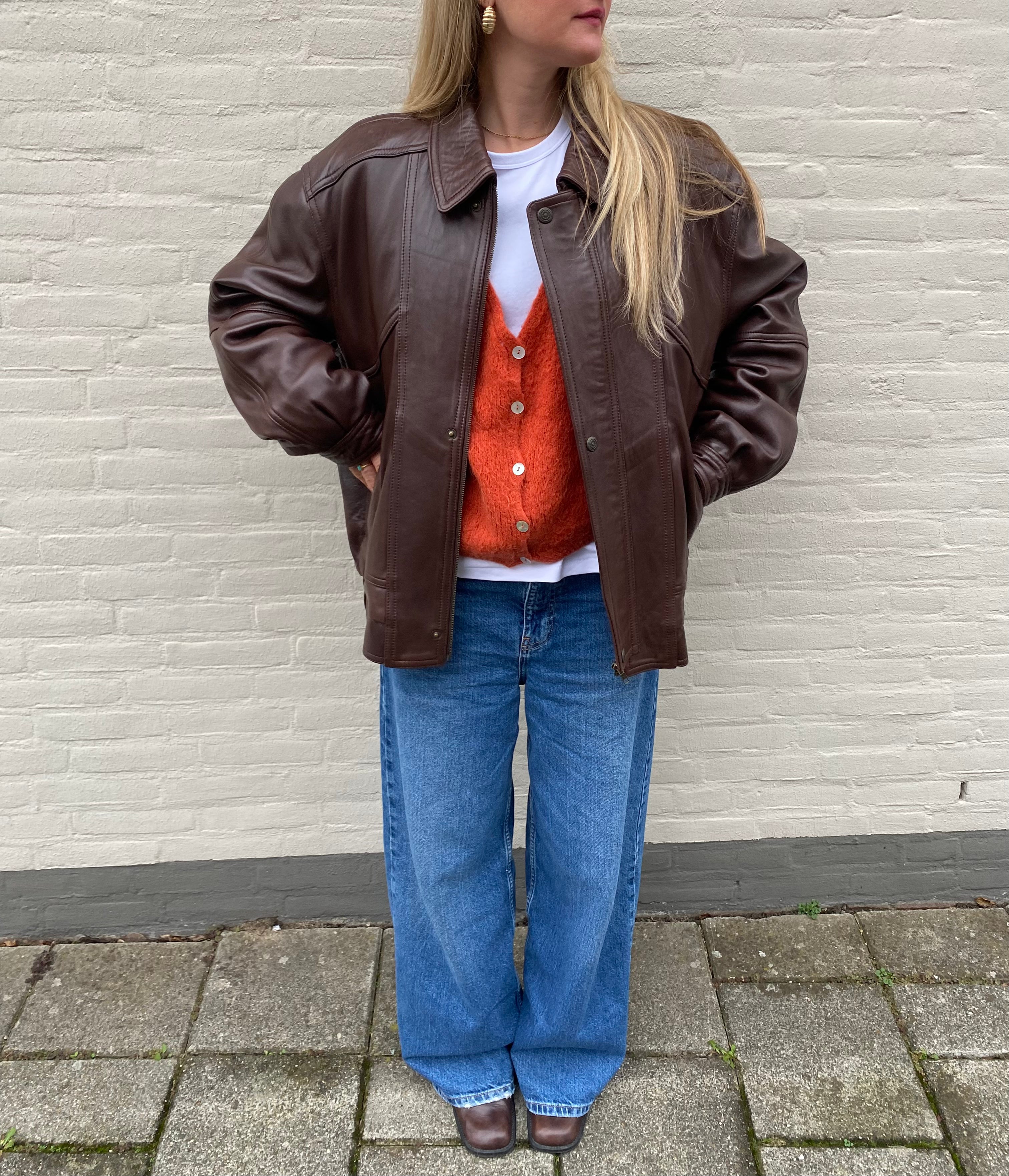 90s Vintage Oversized Brown Leather Bomber Jacket