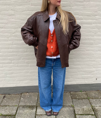 90s Vintage Oversized Brown Leather Bomber Jacket