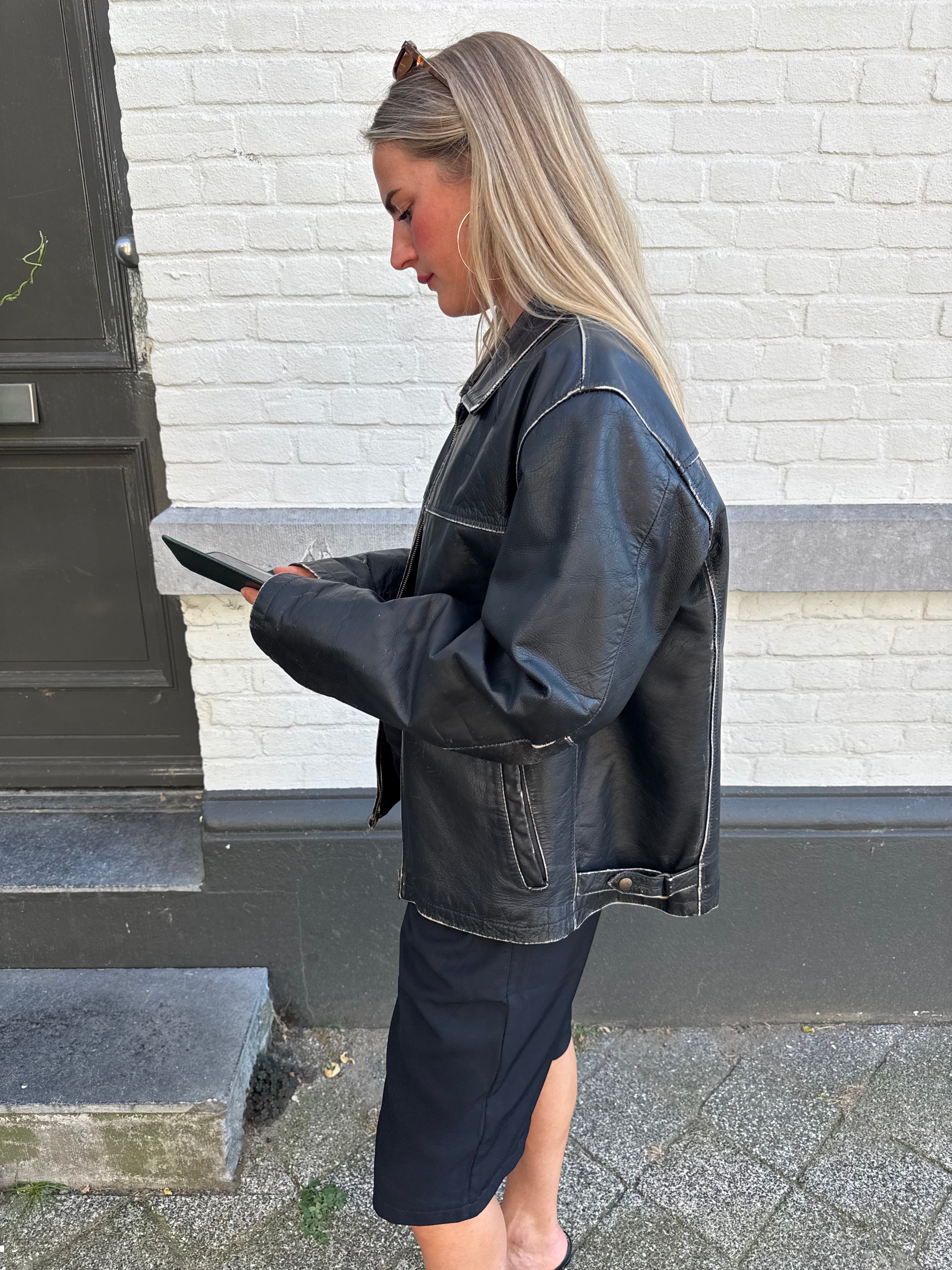 Black Worn Oversized Leather Jacket