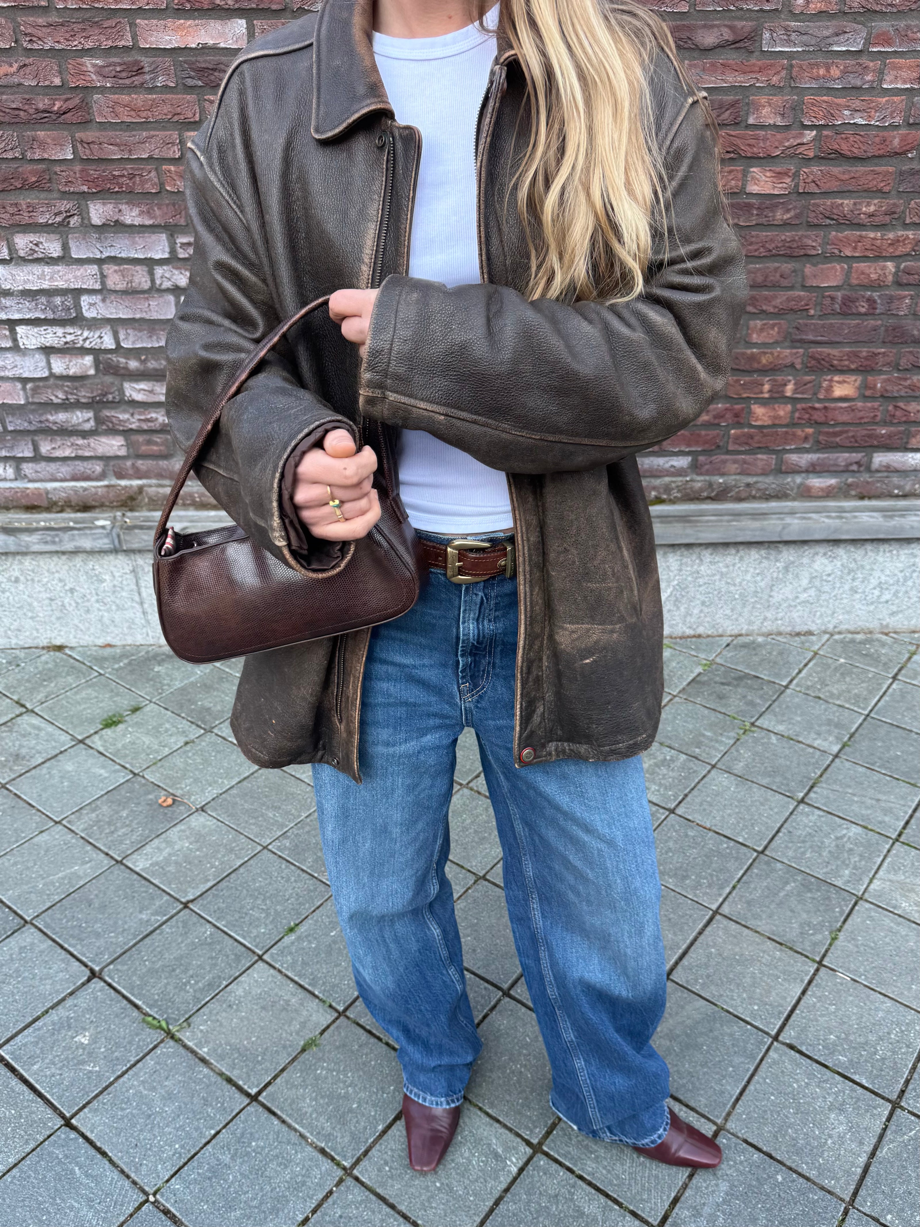 Faded Distressed Oversized Leather Jacket