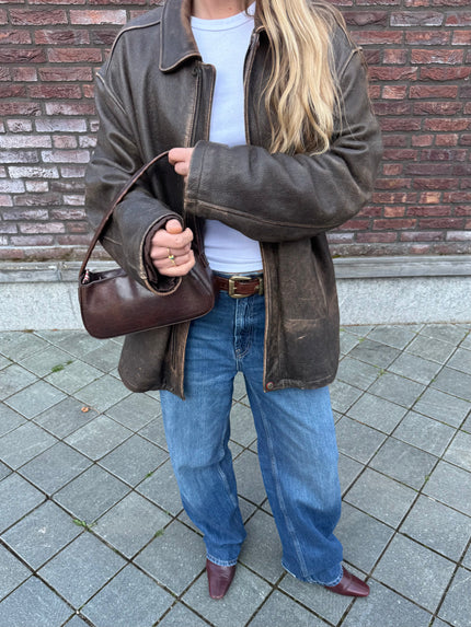 Faded Distressed Oversized Leather Jacket