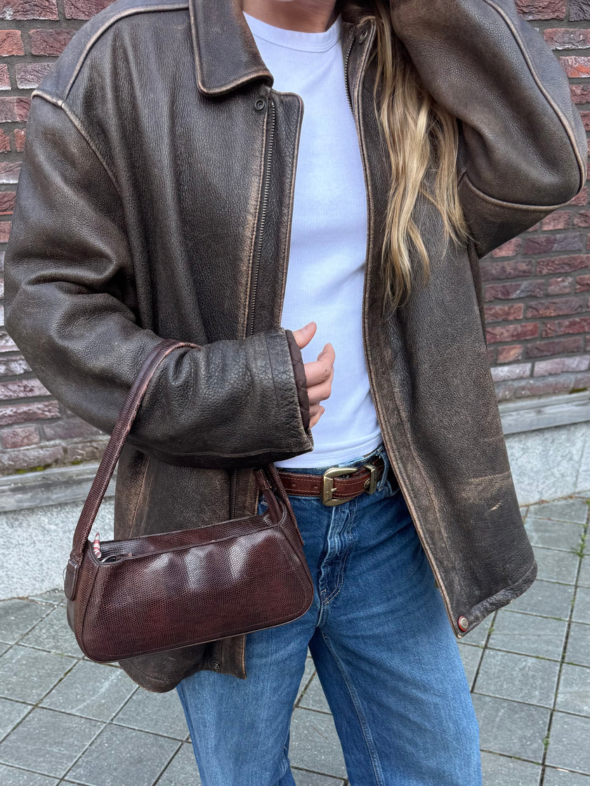 Faded Distressed Oversized Leather Jacket