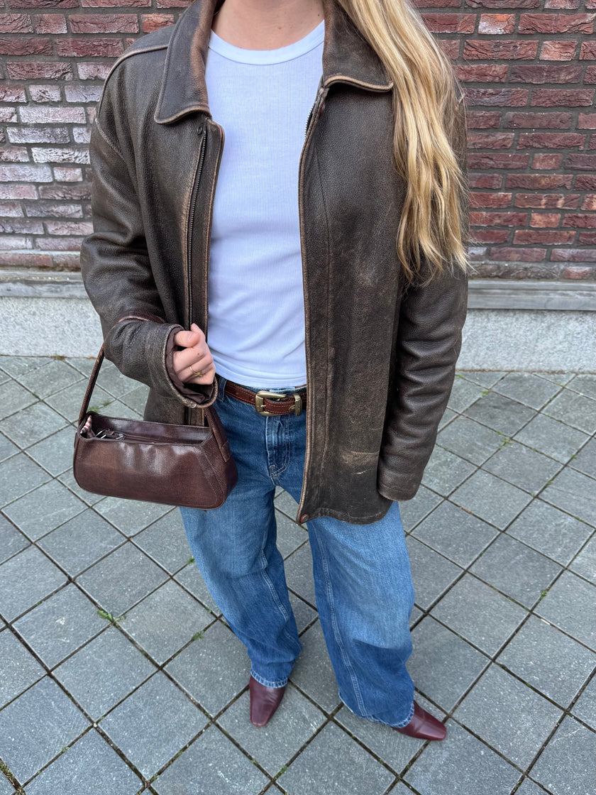 Faded Distressed Oversized Leather Jacket