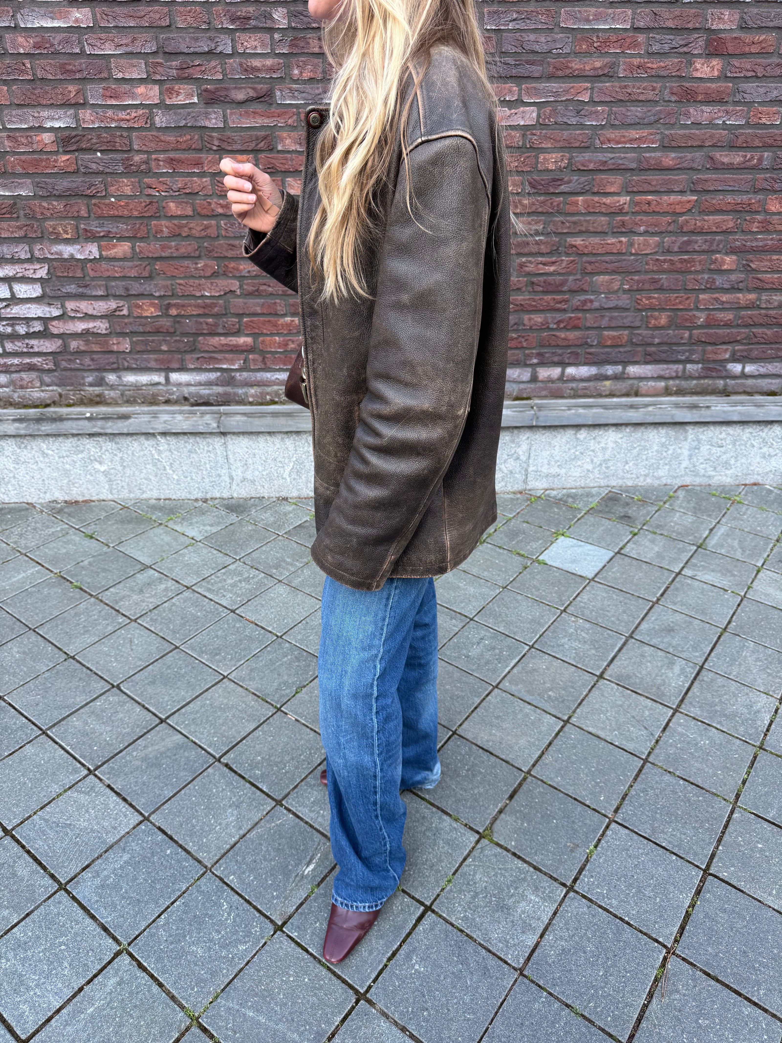 Faded Distressed Oversized Leather Jacket
