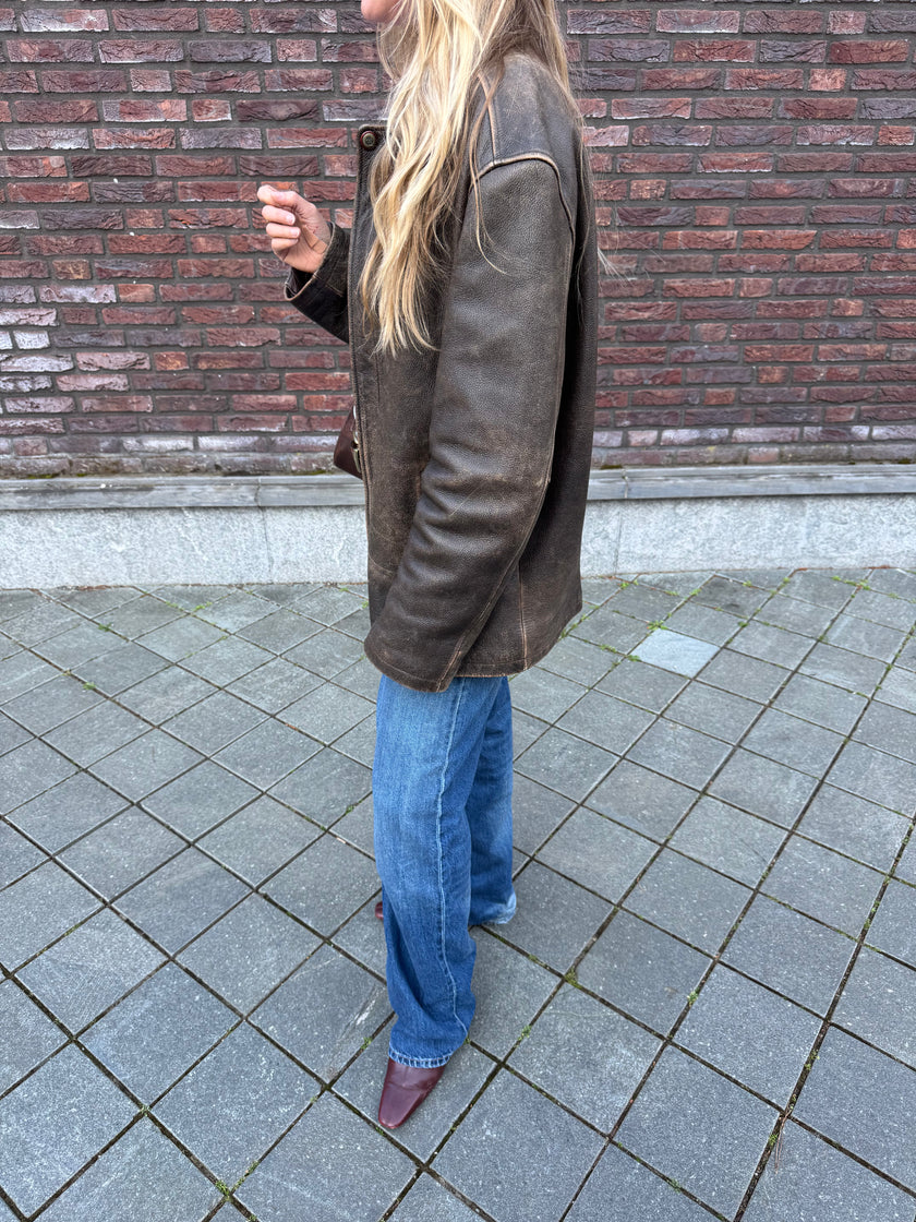 Faded Distressed Oversized Leather Jacket