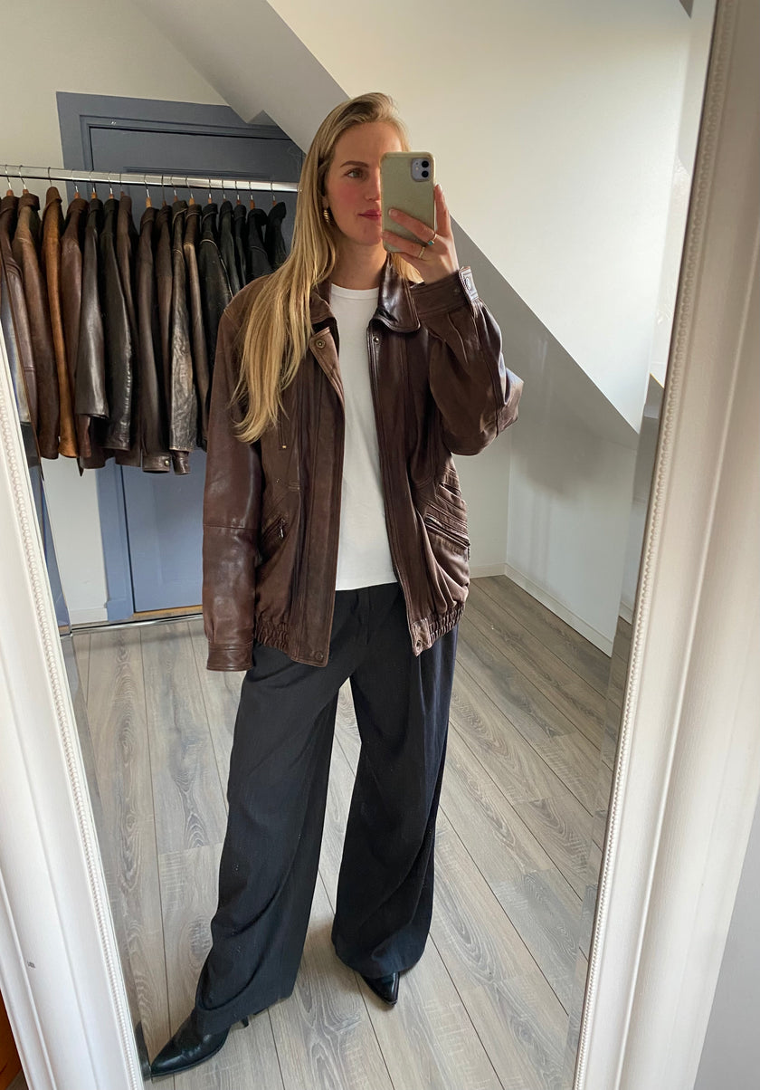 Vintage Brown Oversized Leather Bomber Jacket