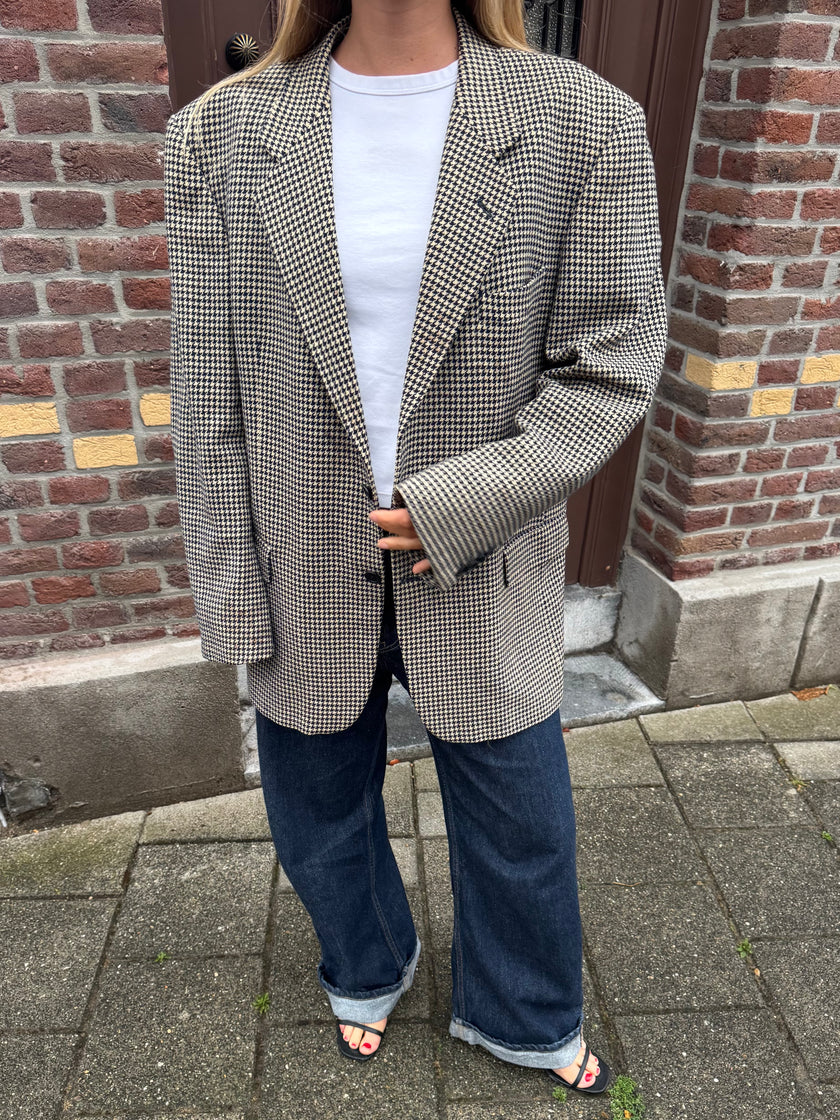 Oversized Navy Blue / Creme Checked Vintage Blazer