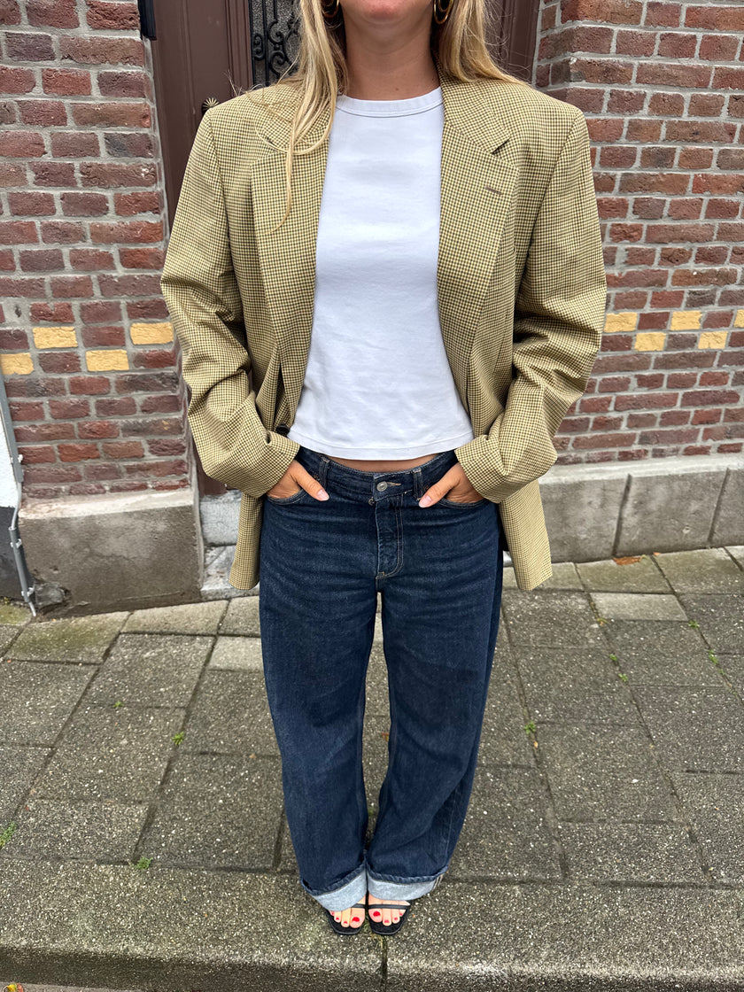 Yellow Beige Checked Oversized Blazer