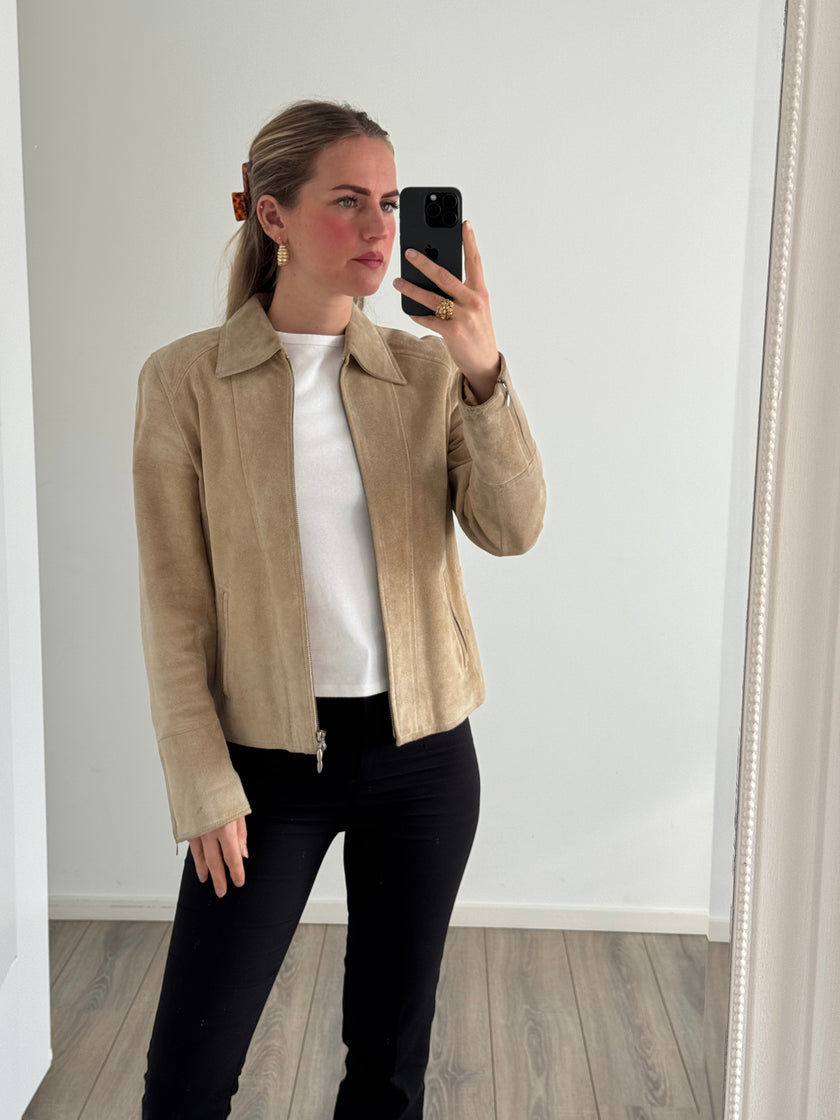 Fitted Beige Suede Vintage Jacket