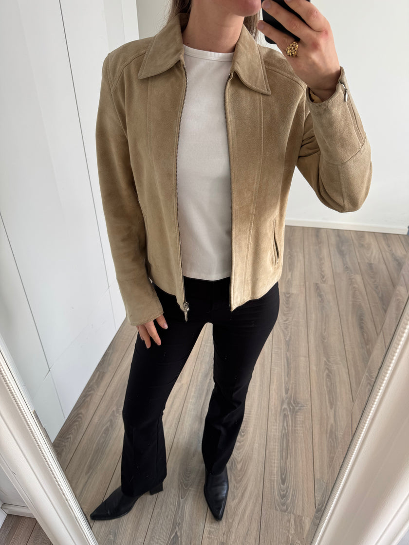 Fitted Beige Suede Vintage Jacket
