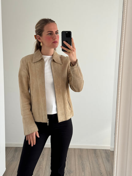 Fitted Beige Suede Vintage Jacket