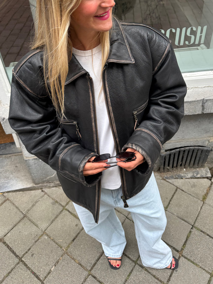 Bomboogie Worn Leather Bomber Jacket