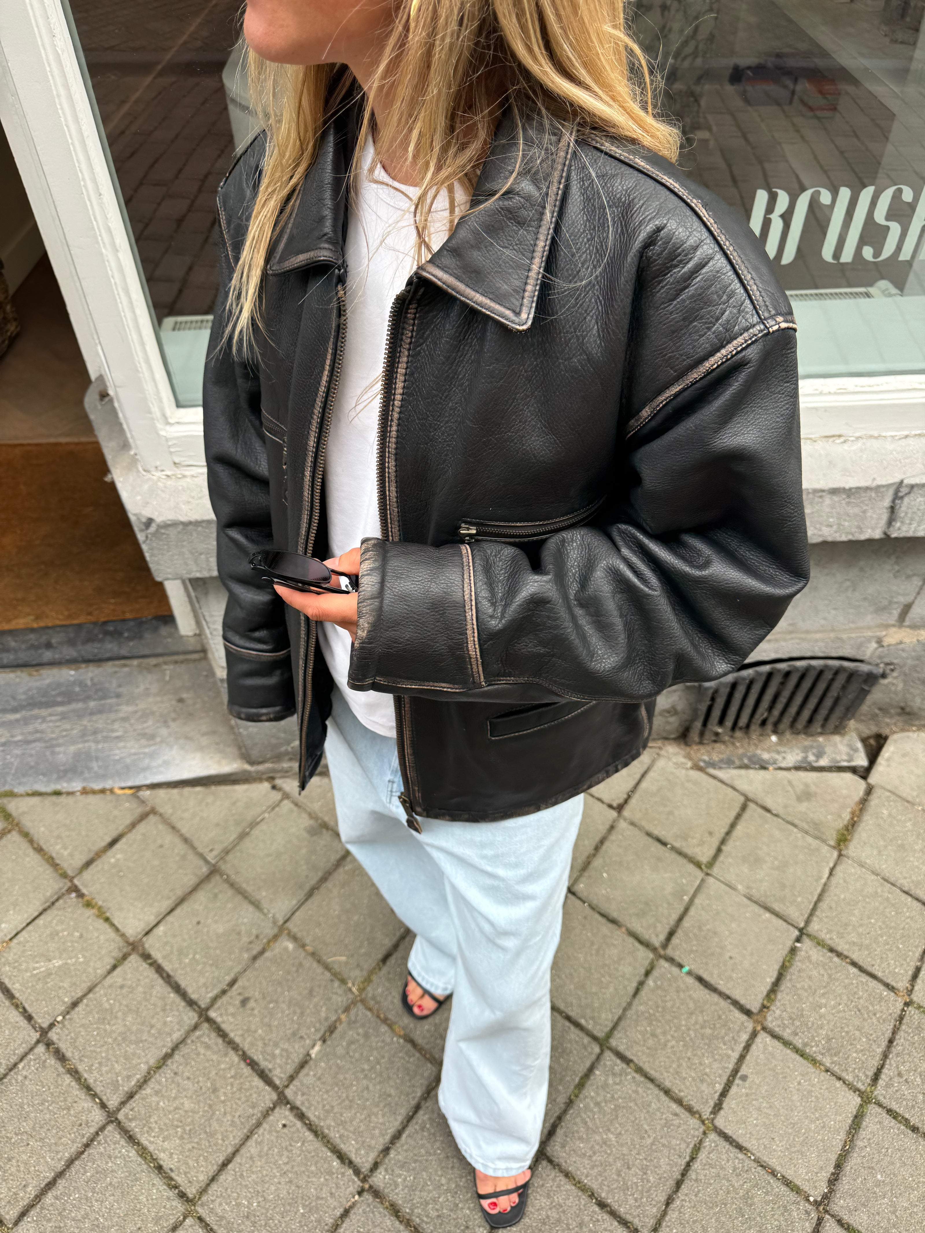 Bomboogie Worn Leather Bomber Jacket