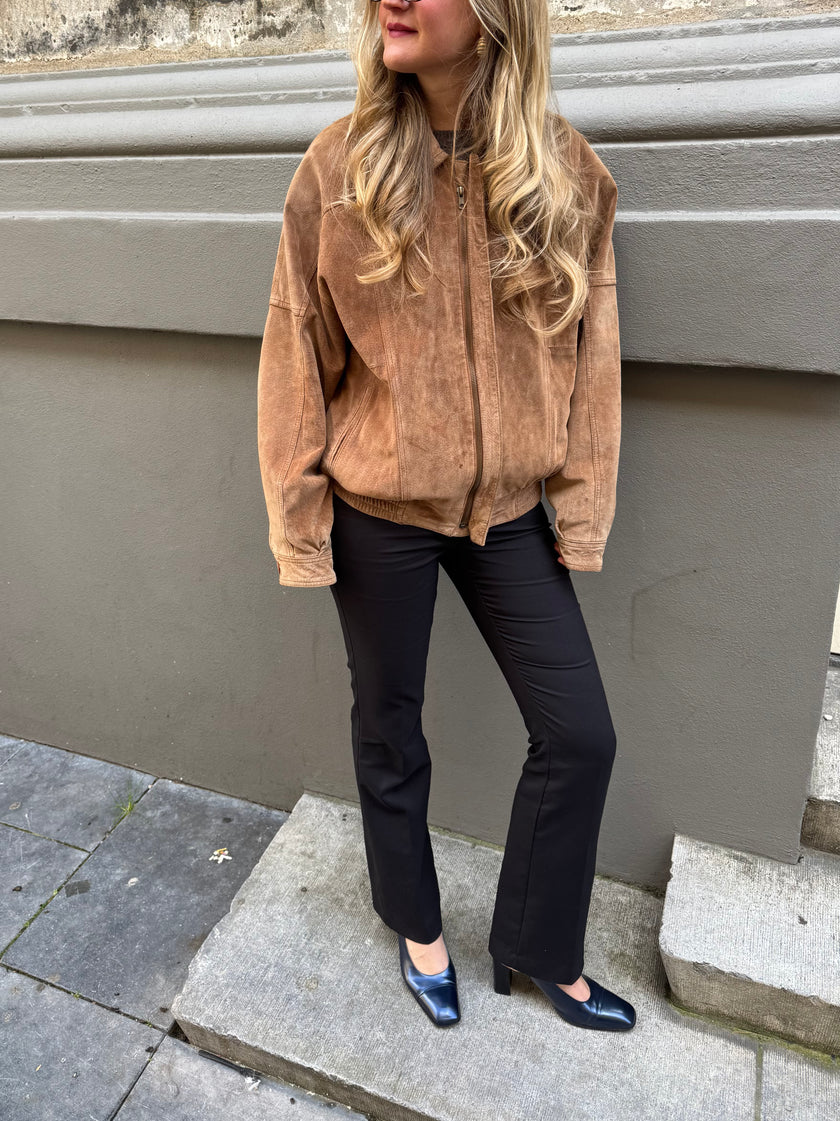 Beige Suede Vintage Bomber Jacket