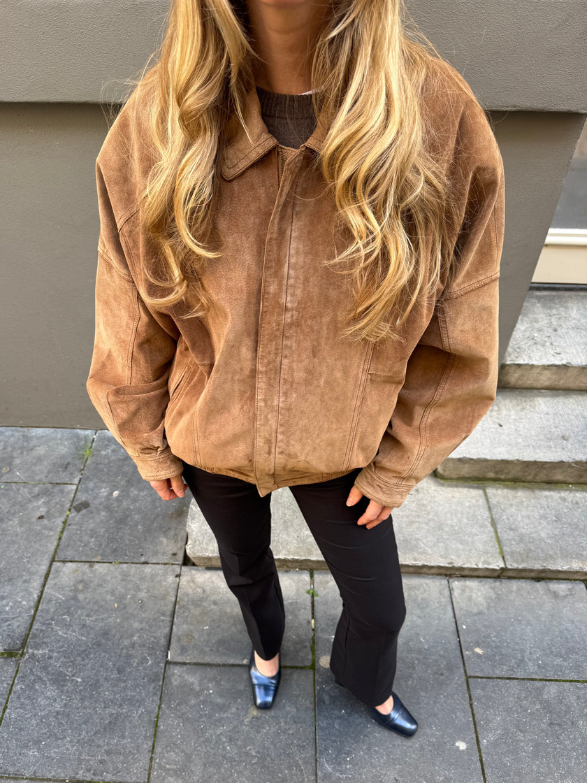 Beige Suede Vintage Bomber Jacket