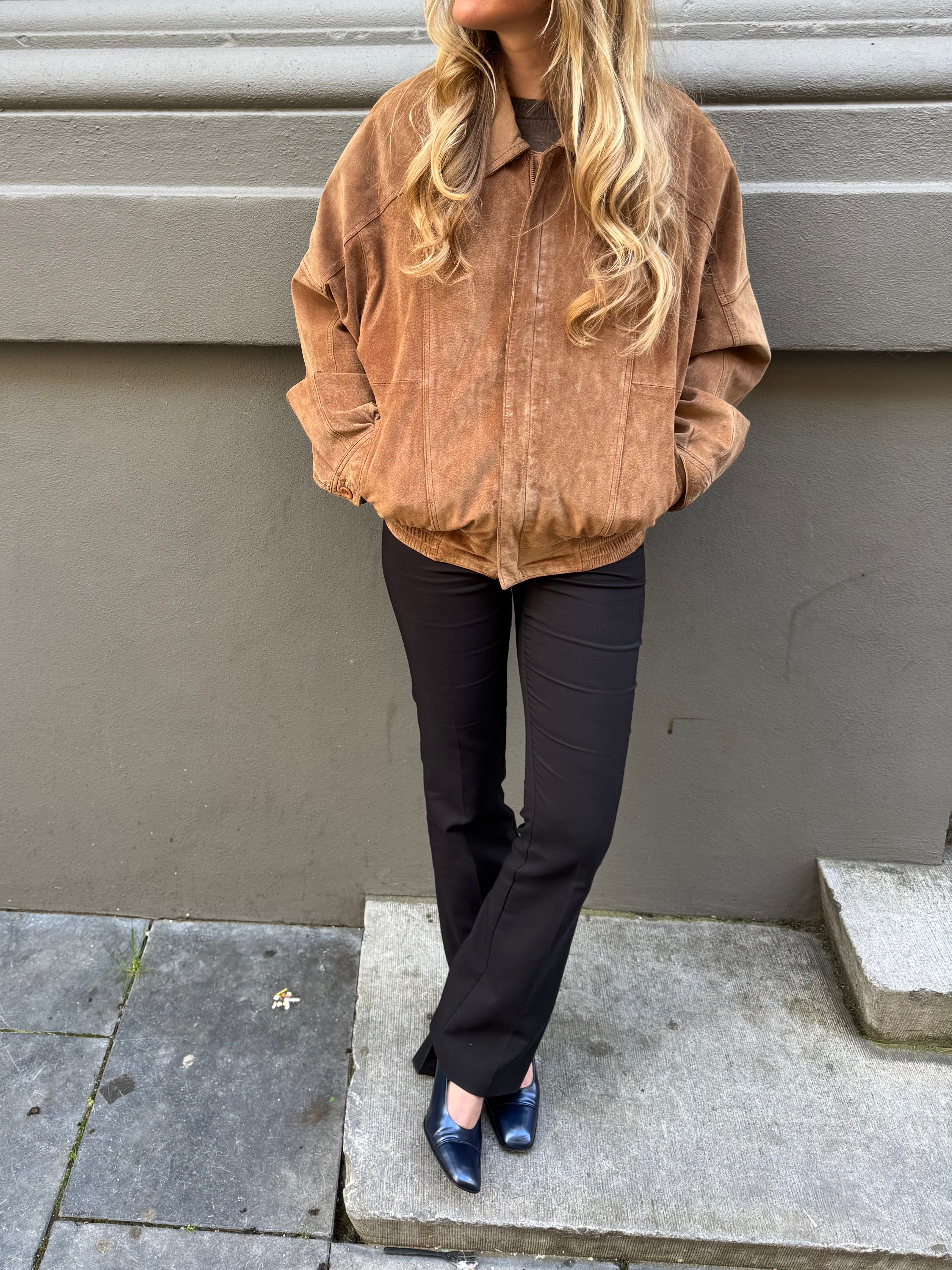 Beige Suede Vintage Bomber Jacket