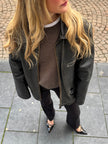 Oversized Long Black Leather Vintage Jacket