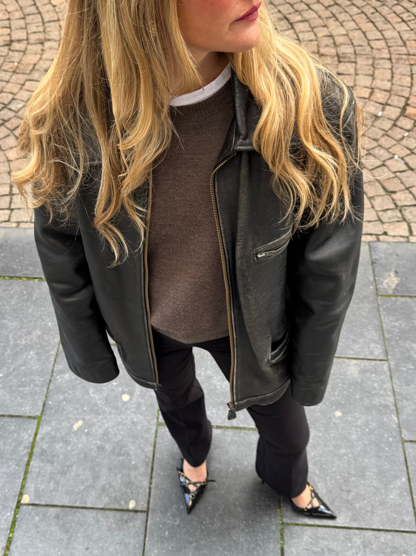 Oversized Long Black Leather Vintage Jacket