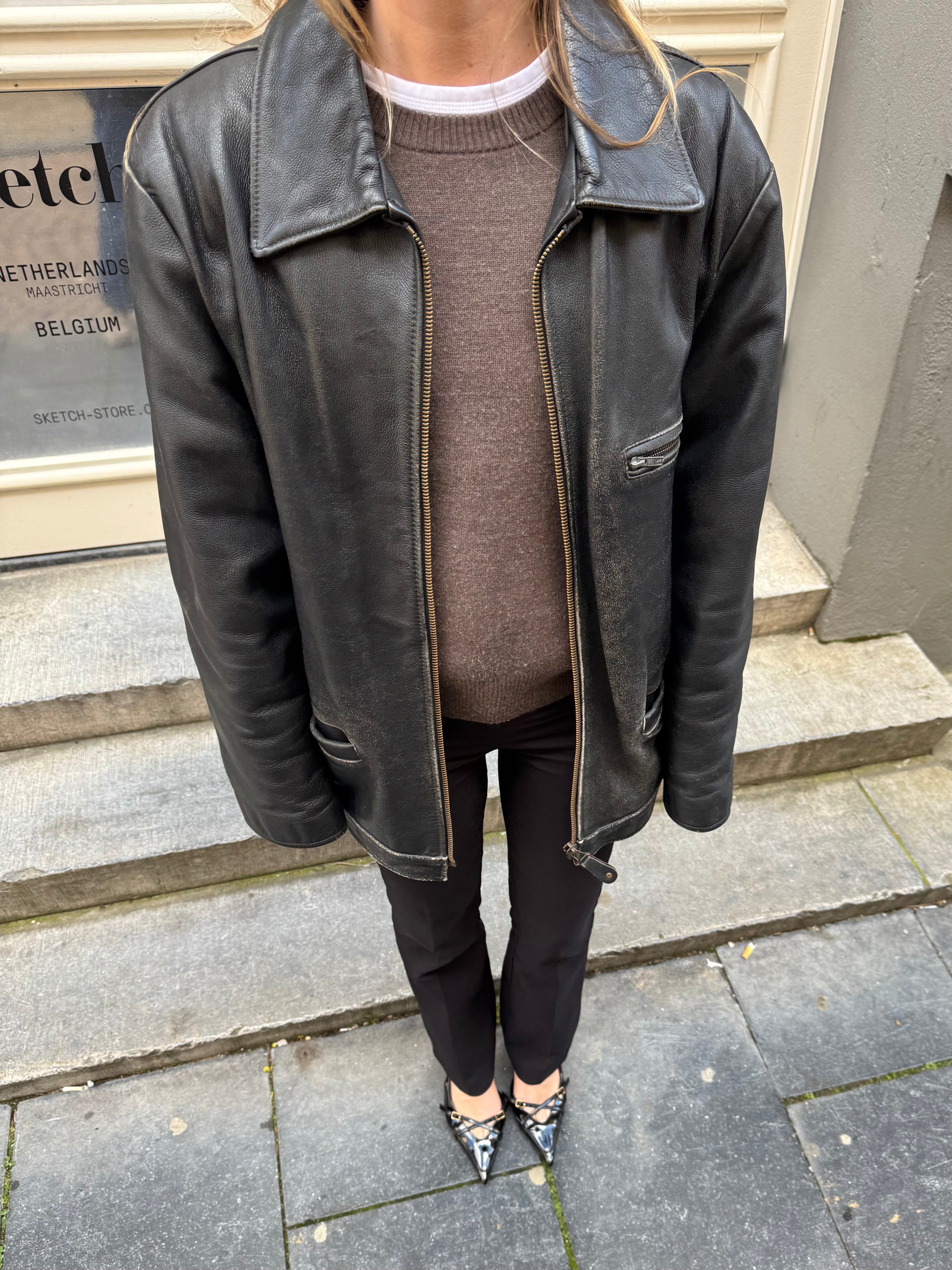Oversized Long Black Leather Vintage Jacket