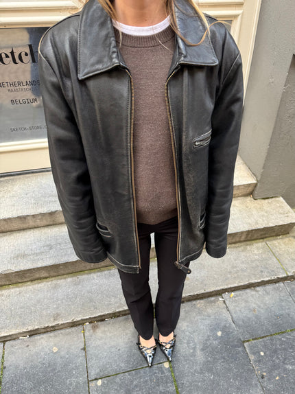 Oversized Long Black Leather Vintage Jacket