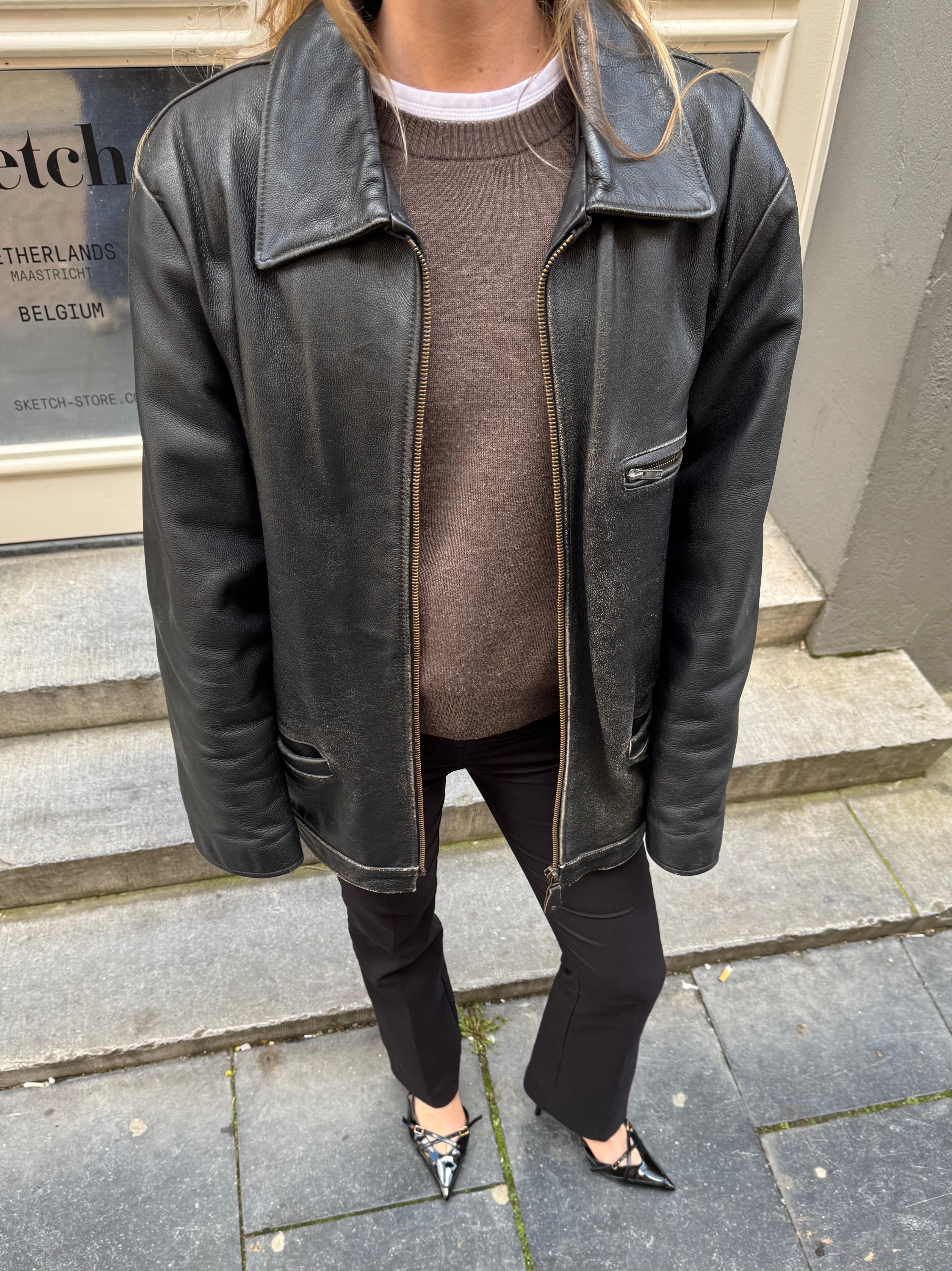 Oversized Long Black Leather Vintage Jacket