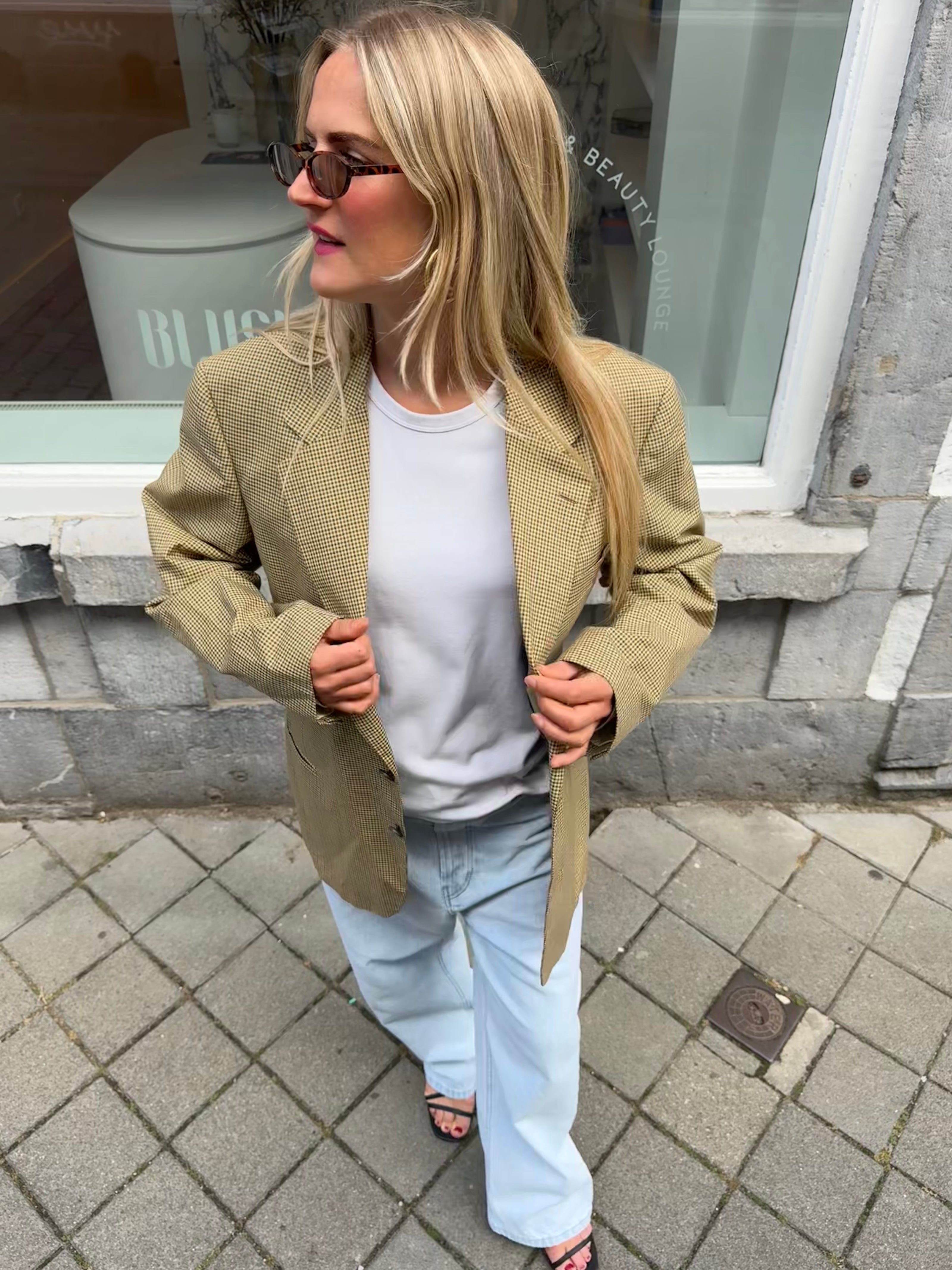 Yellow Beige Checked Oversized Blazer