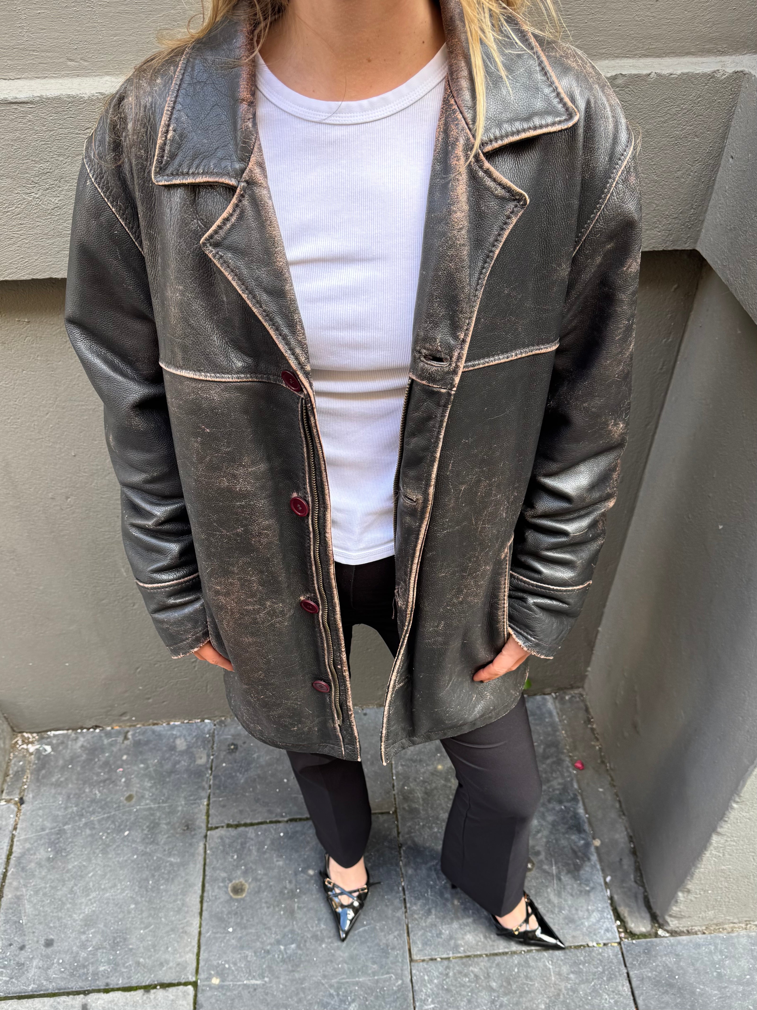 Distressed Rustic Leather Vintage Jacket with Buttons