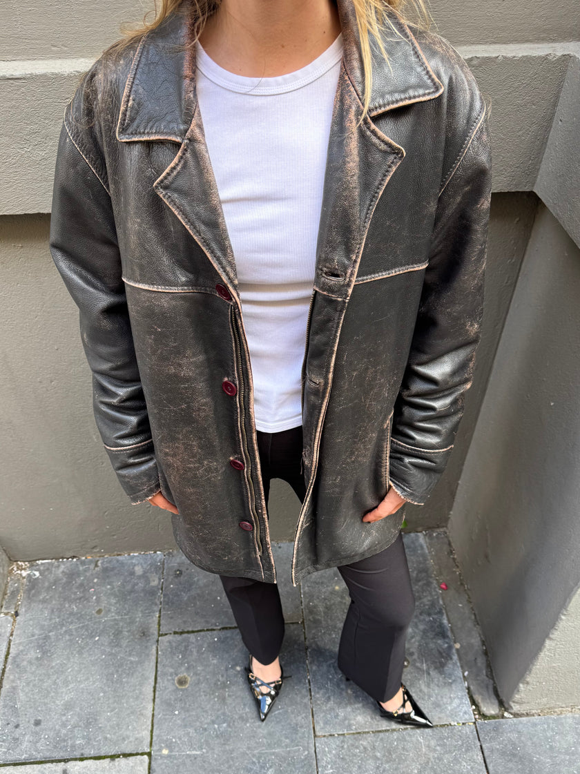 Distressed Rustic Leather Vintage Jacket with Buttons