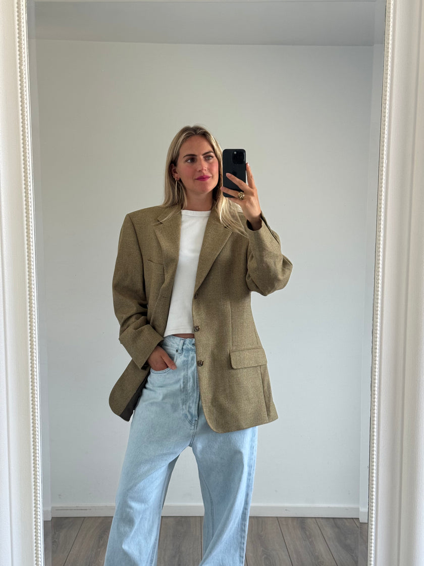 Khaki Brown Beige Checked Oversized Blazer