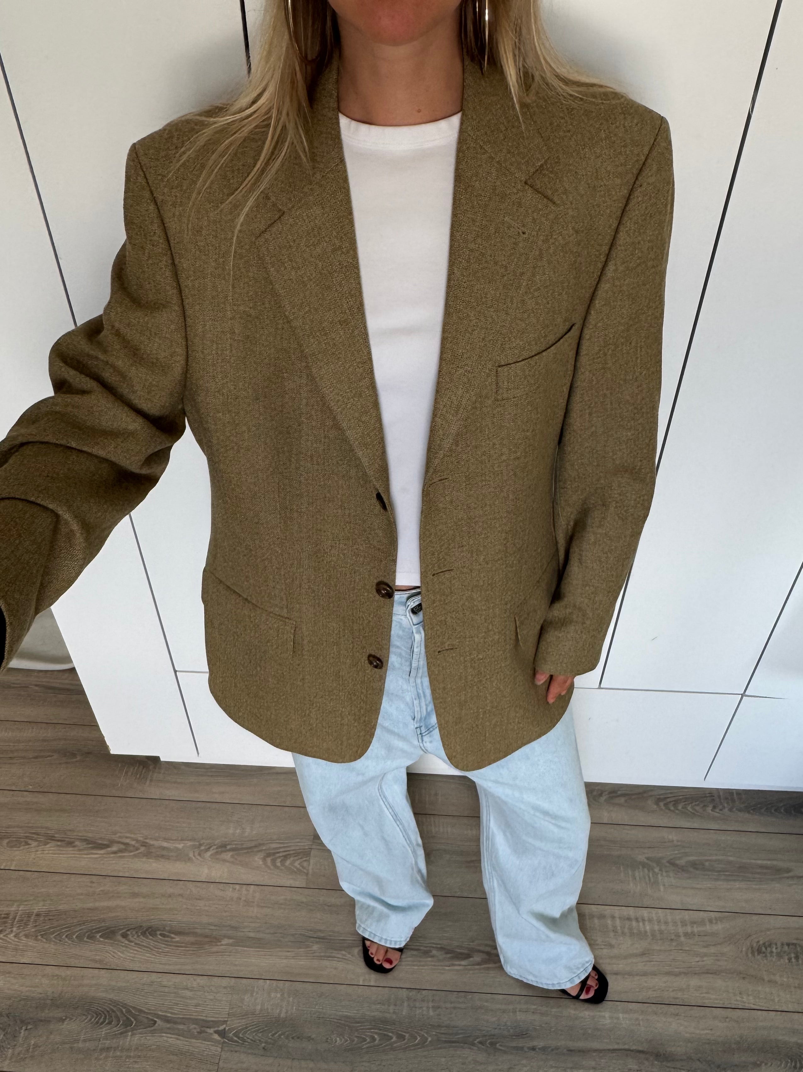 Khaki Brown Beige Checked Oversized Blazer