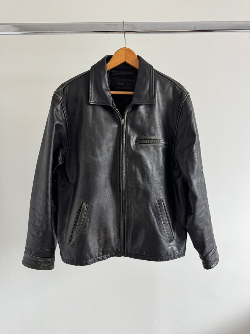 Black Leather Oversized Vintage Bomber